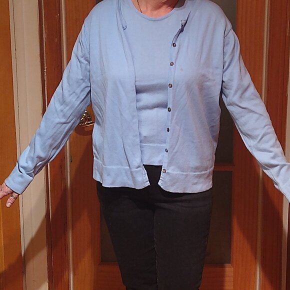 LL Bean baby blue tiny ribbed twinset sweater - Picture 2 of 6